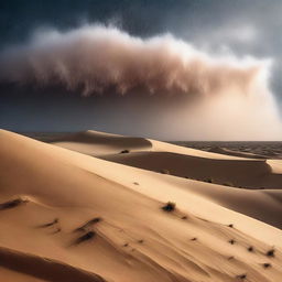 Illustrate a rare occurrence - a blizzard storming through a desert landscape