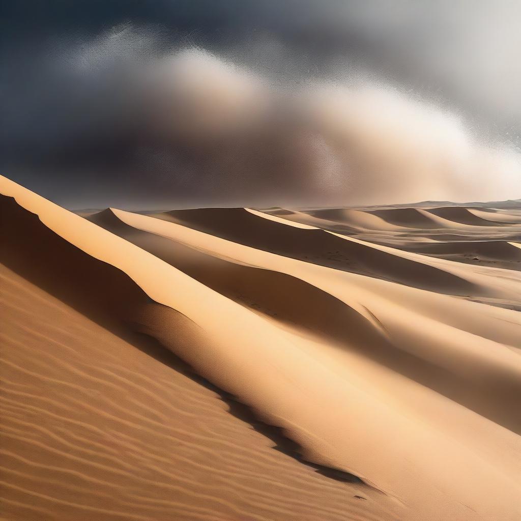 Illustrate a rare occurrence - a blizzard storming through a desert landscape