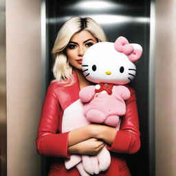 The authentic Bebe Rexha, a well-known singer, holding a Hello Kitty plushie while inside an elevator.