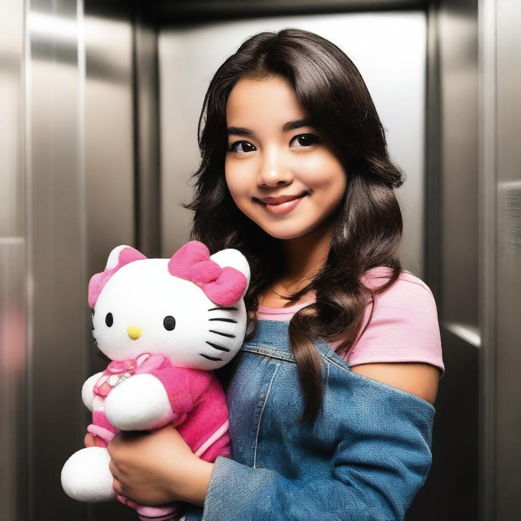 A delightful Latina girl affectionately holding a Hello Kitty plushie inside an elevator.