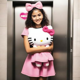 A delightful Latina girl affectionately holding a Hello Kitty plushie inside an elevator.