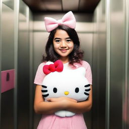 A delightful Latina girl affectionately holding a Hello Kitty plushie inside an elevator.