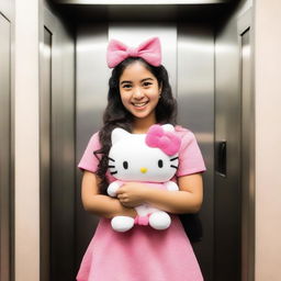 A delightful Latina girl affectionately holding a Hello Kitty plushie inside an elevator.