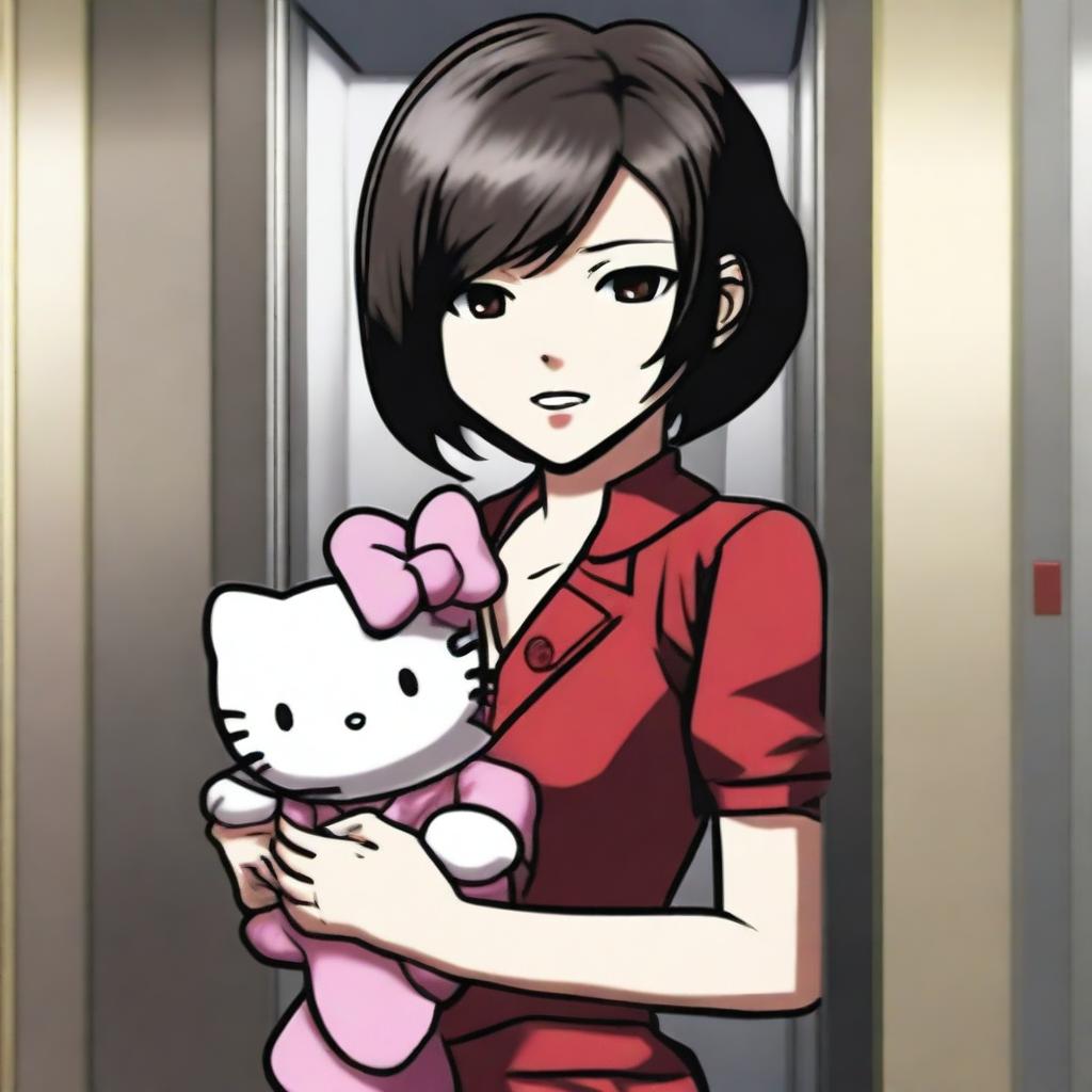 Ada Wong, the character from Resident Evil, holding a Hello Kitty plushie while inside an elevator.