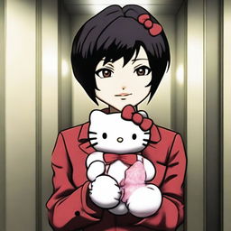 Ada Wong, the character from Resident Evil, holding a Hello Kitty plushie while inside an elevator.