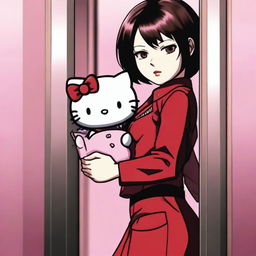 Ada Wong, the character from Resident Evil, holding a Hello Kitty plushie while inside an elevator.