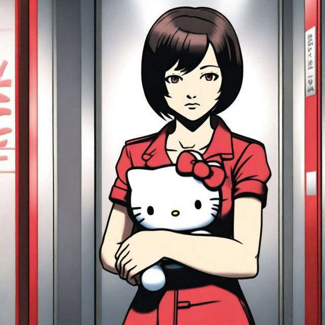 Ada Wong, the character from Resident Evil, holding a Hello Kitty plushie while inside an elevator.