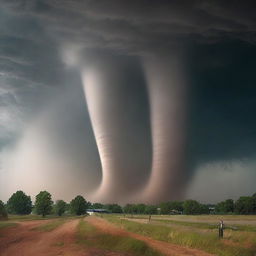 Visualize an extraordinary event of multiple tornadoes touching down simultaneously