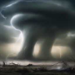 Create an intense scene depicting a rare meteorological event: a double tornado