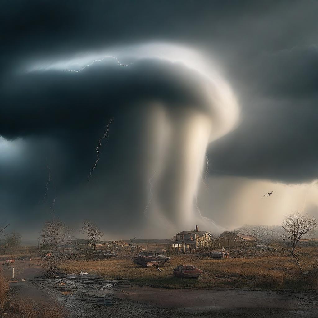 Create an intense scene depicting a rare meteorological event: a double tornado