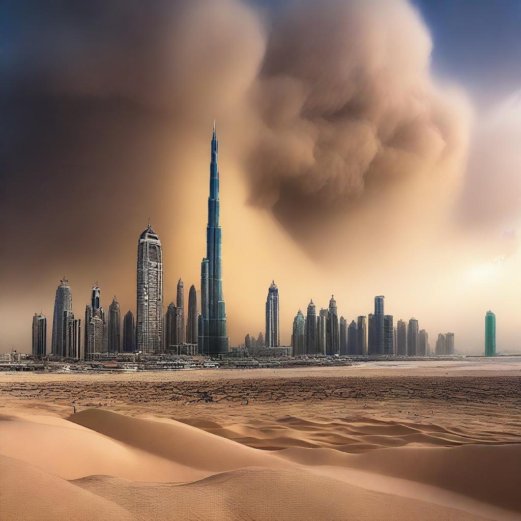 Visualize the city of Dubai under siege from a rare, powerful combination of a thunderstorm and a sandstorm