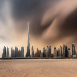 Visualize the city of Dubai under siege from a rare, powerful combination of a thunderstorm and a sandstorm