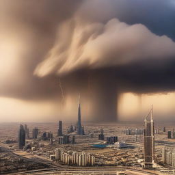 Visualize the city of Dubai under siege from a rare, powerful combination of a thunderstorm and a sandstorm