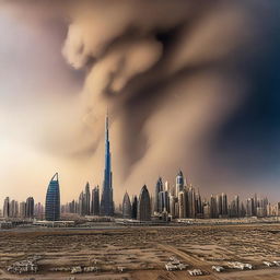 Visualize the city of Dubai under siege from a rare, powerful combination of a thunderstorm and a sandstorm