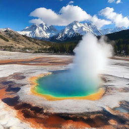 Create a fusion of Mount Yellowstone and Mount Everest, possessing the geothermal features of Yellowstone and the towering, snow-clad peaks of Everest