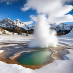 Create a fusion of Mount Yellowstone and Mount Everest, possessing the geothermal features of Yellowstone and the towering, snow-clad peaks of Everest