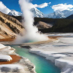 Create a fusion of Mount Yellowstone and Mount Everest, possessing the geothermal features of Yellowstone and the towering, snow-clad peaks of Everest