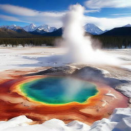 Create a fusion of Mount Yellowstone and Mount Everest, possessing the geothermal features of Yellowstone and the towering, snow-clad peaks of Everest