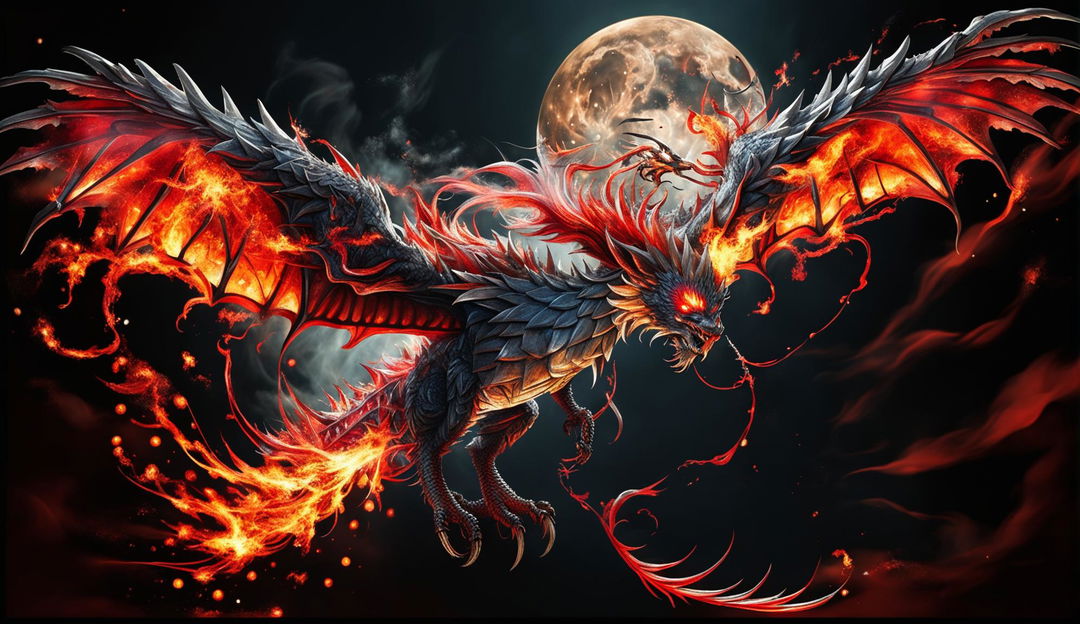 A fusion of a dragon and a red phoenix soaring through the night sky, leaving a trail of glowing embers.