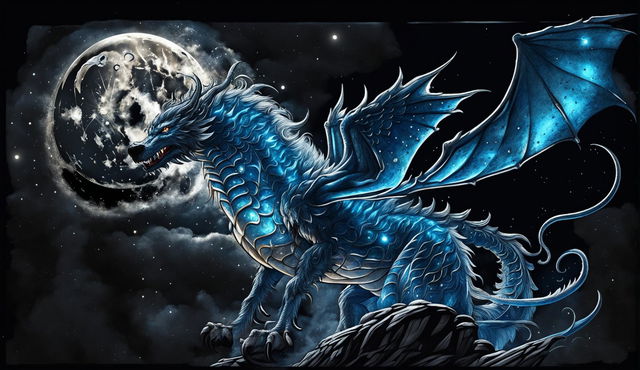 A fusion of a dragon and a wolf soaring through the night sky, leaving a trail of silvery moonlight.