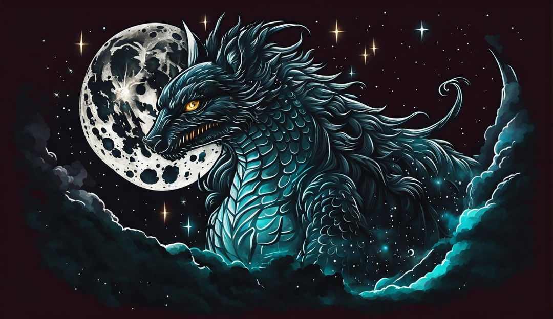 A fusion of a dragon and a black wolf soaring through the night sky, leaving a trail of shadow and starlight.