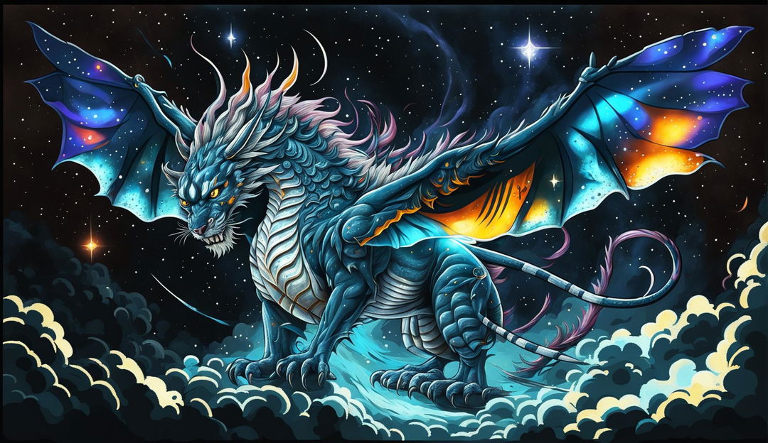 A fusion of a dragon and a tiger soaring through the night sky, leaving a trail of starlight and stripes.