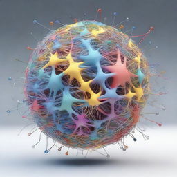 A large, complex neuronal network in the form of a ball, with distinct neurons symbolizing biases and weights