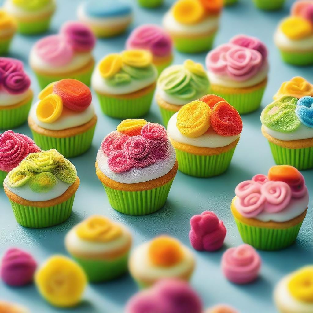 An army of delicate flower-shaped cakes, each perfectly iced and presented, riding colorful bicycles with glee across a sunlit landscape