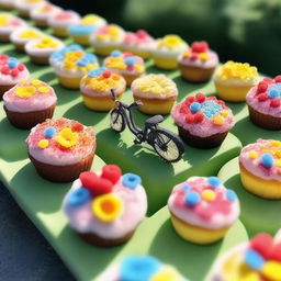 An army of delicate flower-shaped cakes, each perfectly iced and presented, riding colorful bicycles with glee across a sunlit landscape