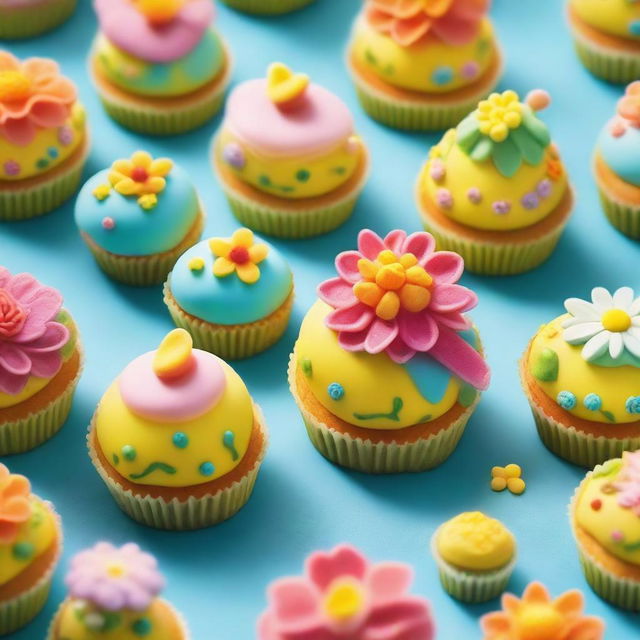 An army of delicate flower-shaped cakes, each perfectly iced and presented, riding colorful bicycles with glee across a sunlit landscape