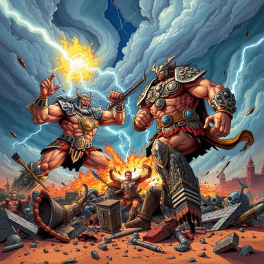 A vibrant and dynamic illustration of the Battle of Titans, showcasing massive, muscular figures engaged in epic combat