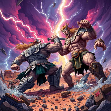 A vibrant and dynamic illustration of the Battle of Titans, showcasing massive, muscular figures engaged in epic combat