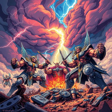 A vibrant and dynamic illustration of the Battle of Titans, showcasing massive, muscular figures engaged in epic combat