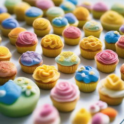 An army of delicate flower-shaped cakes, each perfectly iced and presented, riding colorful bicycles with glee across a sunlit landscape