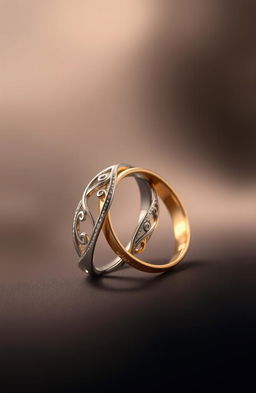 A beautiful and elegant depiction of one gold ring and one silver ring entangled together, showcasing their intricate designs