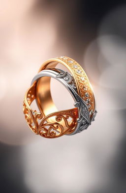 A beautiful and elegant depiction of one gold ring and one silver ring entangled together, showcasing their intricate designs