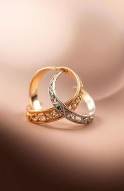 A beautiful and elegant depiction of one gold ring and one silver ring entangled together, showcasing their intricate designs