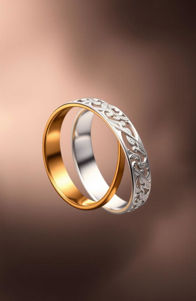 A beautiful and elegant depiction of one gold ring and one silver ring entangled together, showcasing their intricate designs