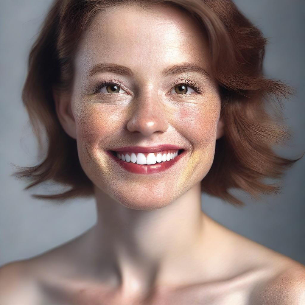 Generate a photorealistic portrait of a beautiful lady with freckles, ruby eyes, short hair, and dark makeup