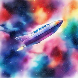 A vibrant watercolor painting featuring a colorful spaceship navigating the entrancing hues of the Milky Way.