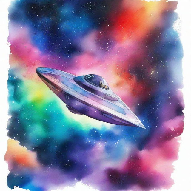 A vibrant watercolor painting featuring a colorful spaceship navigating the entrancing hues of the Milky Way.