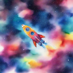 A vibrant watercolor painting featuring a colorful spaceship navigating the entrancing hues of the Milky Way.