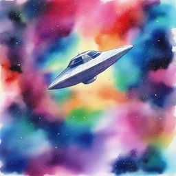 A vibrant watercolor painting featuring a colorful spaceship navigating the entrancing hues of the Milky Way.