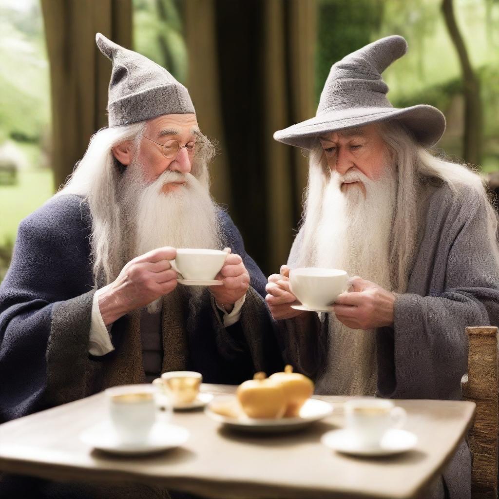 Dumbledore and Gandalf, the iconic wizards from Harry Potter and Lord of the Rings respectively, enjoy a serene tea-time together