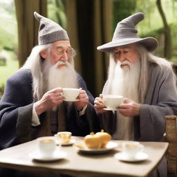 Dumbledore and Gandalf, the iconic wizards from Harry Potter and Lord of the Rings respectively, enjoy a serene tea-time together