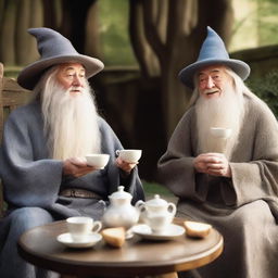 Dumbledore and Gandalf, the iconic wizards from Harry Potter and Lord of the Rings respectively, enjoy a serene tea-time together