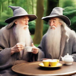 Dumbledore and Gandalf, the iconic wizards from Harry Potter and Lord of the Rings respectively, enjoy a serene tea-time together