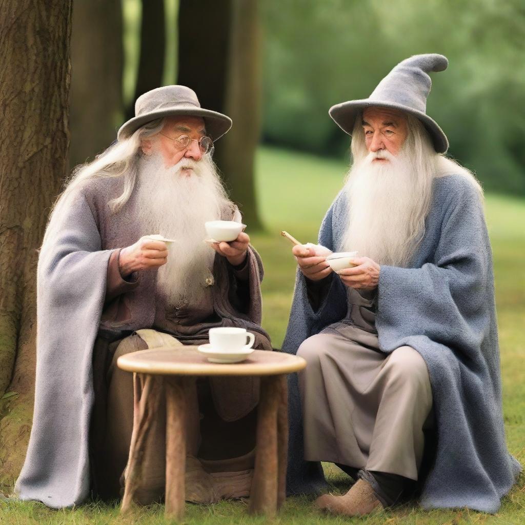 Dumbledore and Gandalf, the iconic wizards from Harry Potter and Lord of the Rings respectively, enjoy a serene tea-time together