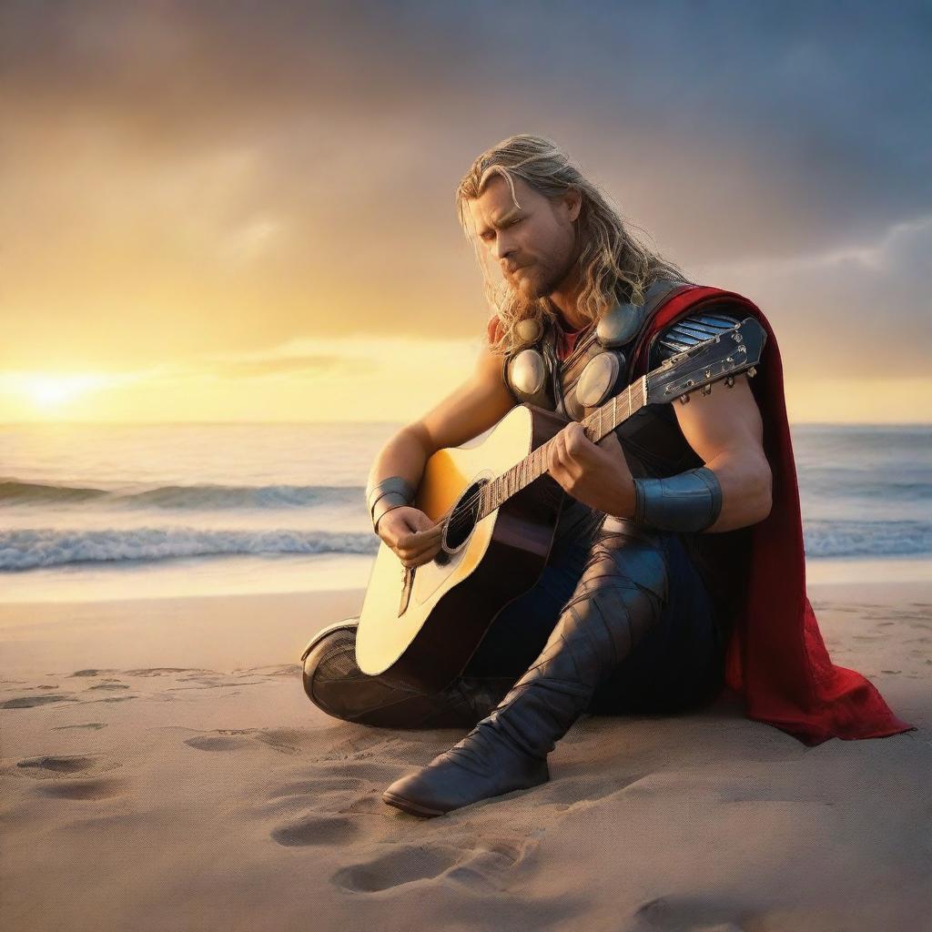 Thor, the Norse god of thunder, playing an acoustic guitar on a serene beach at sunset.