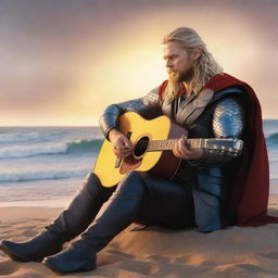 Thor, the Norse god of thunder, playing an acoustic guitar on a serene beach at sunset.